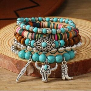 ✨NEW Western Bohemian Turquoise and Silver Charm Layered Bracelet Set